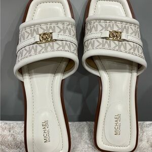 Michael Kors White and Brown Logo Slide Sandals